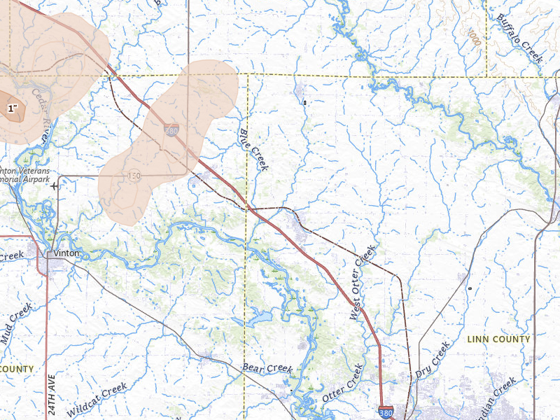 Radar-estimated hail-size map of the storm over Center Point, IA on Jul 2, 2026