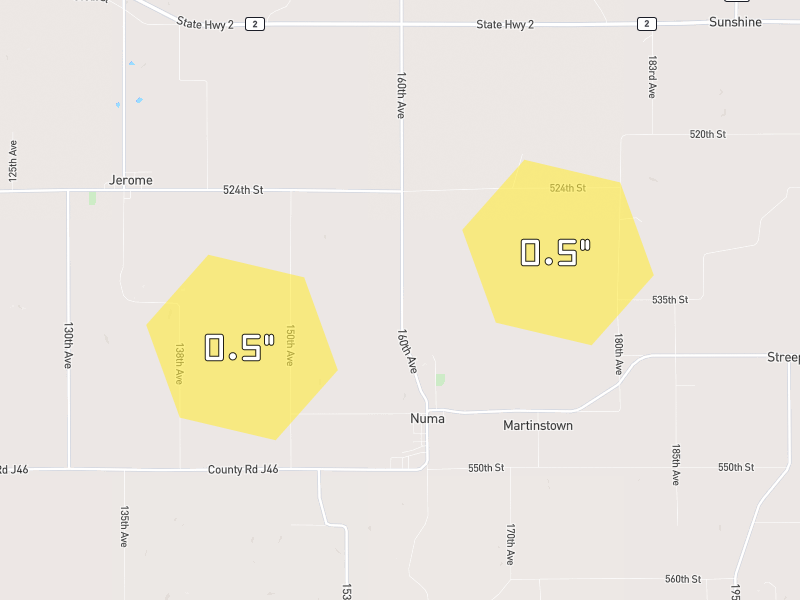 Hail map of Centerville, IA on Jun 6, 2026, hail up to 0.5"