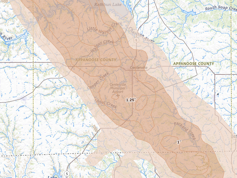 Radar-estimated hail-size map of the storm over Centerville, IA on Jul 20, 2026