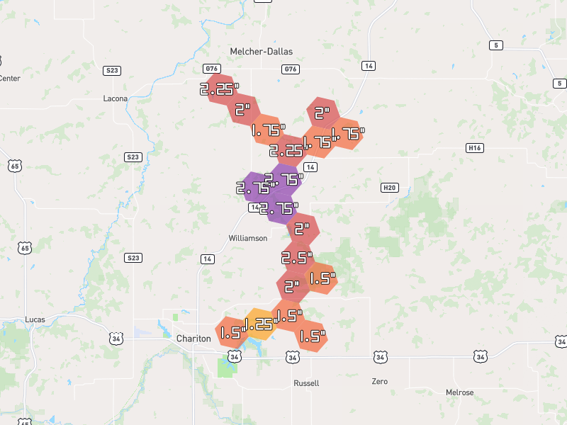 Hail map of Chariton, IA on Jun 6, 2026, hail up to 2.75"