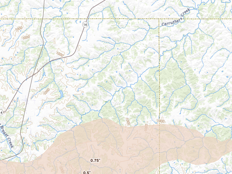 Radar-estimated hail-size map of the storm over Chariton, IA on Jun 10, 2026