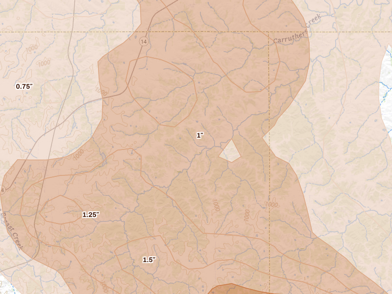 Radar-estimated hail-size map of the storm over Chariton, IA on Jul 20, 2026