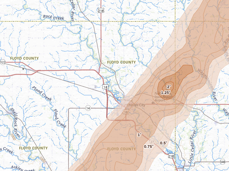 Radar-estimated hail-size map of the storm over Charles City, IA