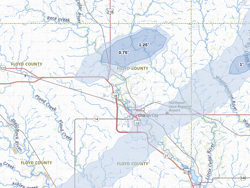 NEXRAD radar-signature map of the hail storm over Charles City, IA on Jul 1, 2026