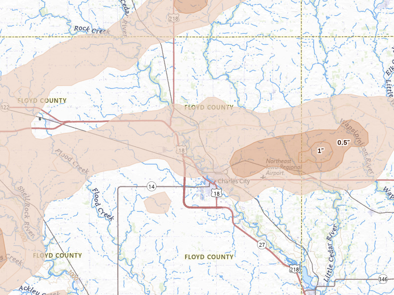 Radar-estimated hail-size map of the storm over Charles City, IA on Jul 2, 2026