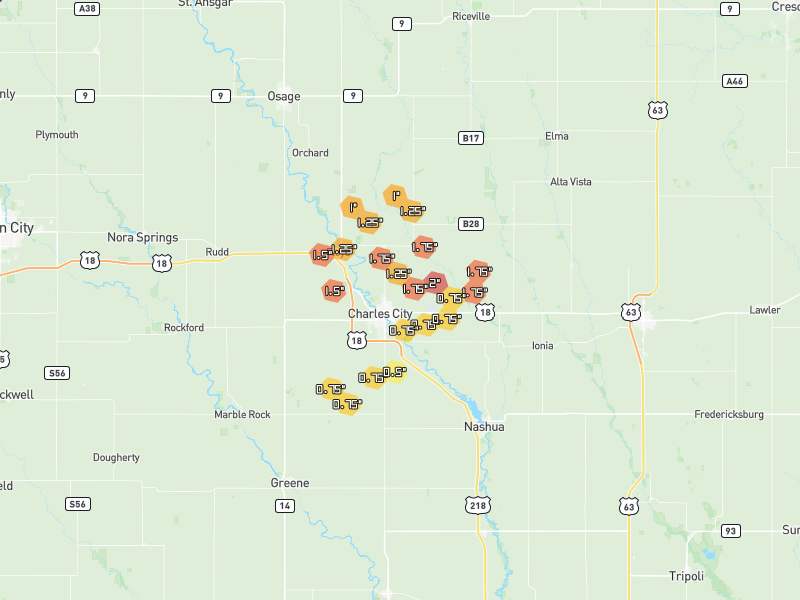 Hail map of Charles City, IA on Jul 2, 2026, hail up to 2"