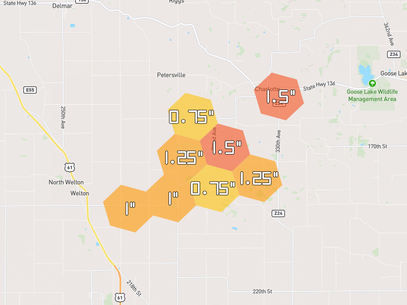 Hail map of Charlotte, IA on Jul 3, 2026, hail up to 1.5"