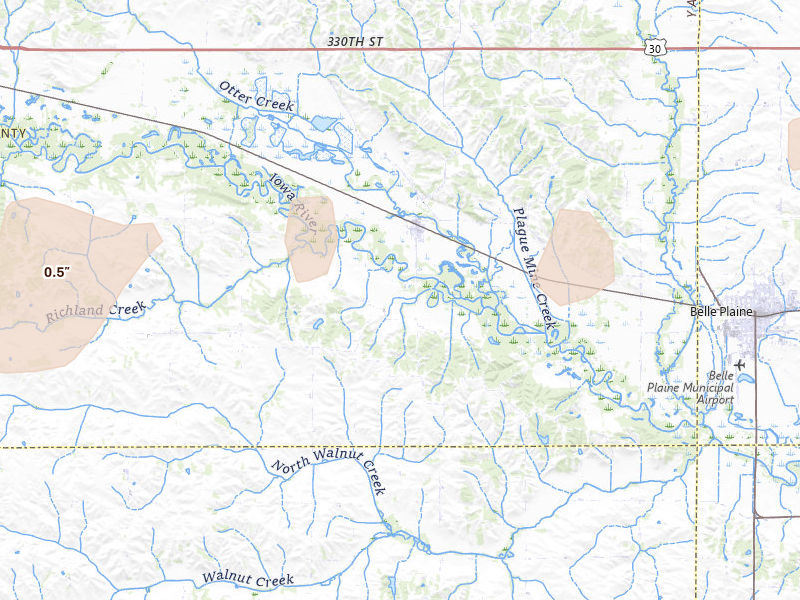 Radar-estimated hail-size map of the storm over Chelsea, IA on Apr 15, 2026