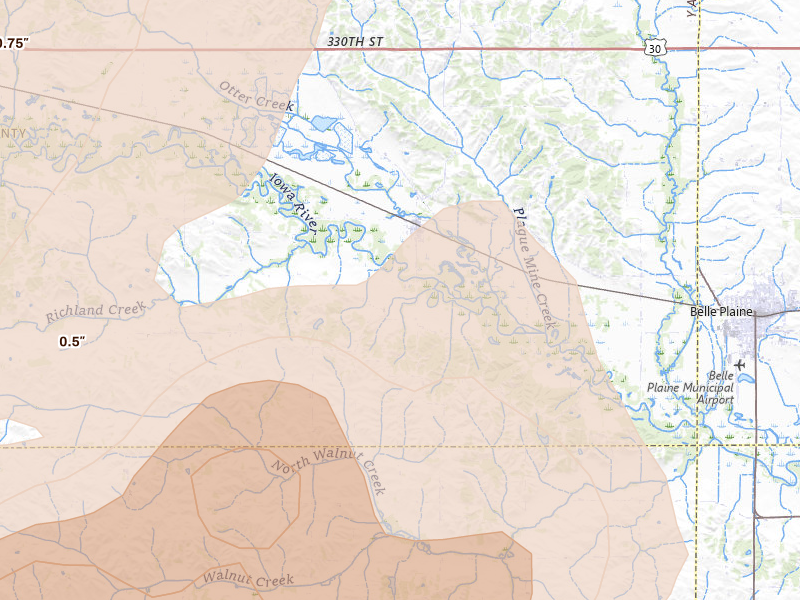 Radar-estimated hail-size map of the storm over Chelsea, IA on Apr 17, 2026
