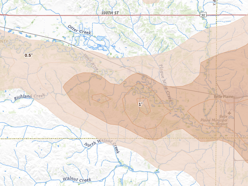 Radar-estimated hail-size map of the storm over Chelsea, IA on Aug 11, 2026