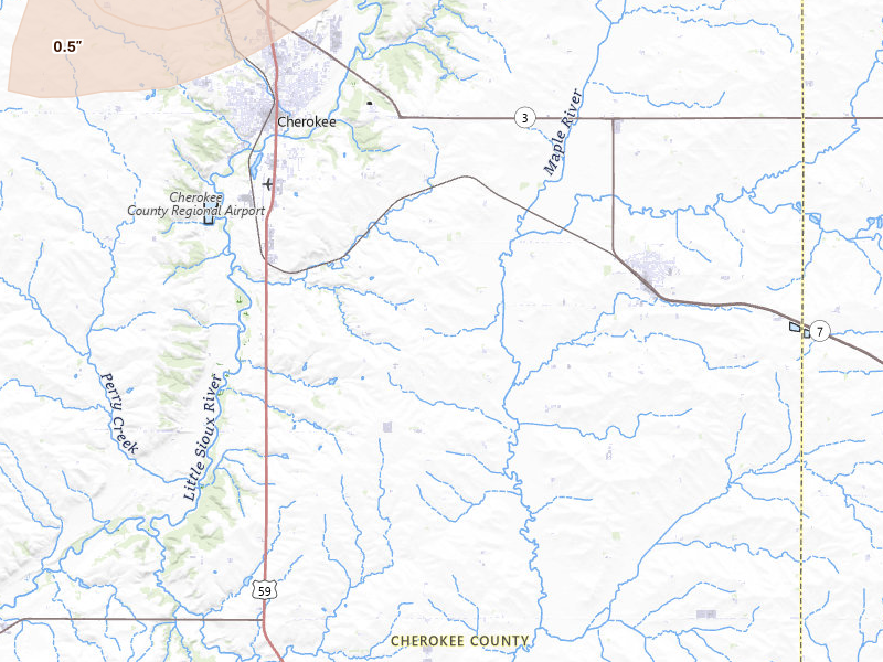 Radar-estimated hail-size map of the storm over Cherokee, IA on Apr 13, 2026