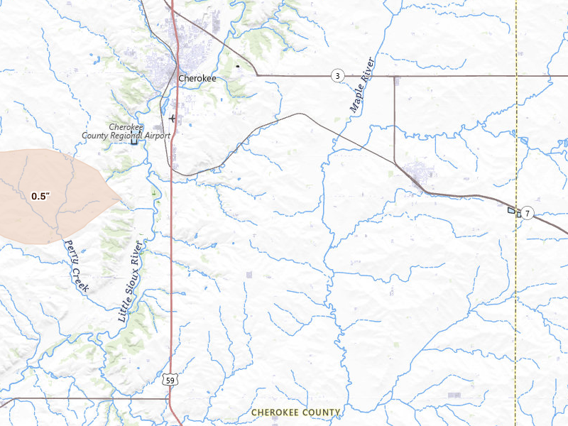 Radar-estimated hail-size map of the storm over Cherokee, IA on Apr 22, 2026