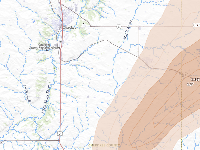 Radar-estimated hail-size map of the storm over Cherokee, IA on Apr 23, 2026