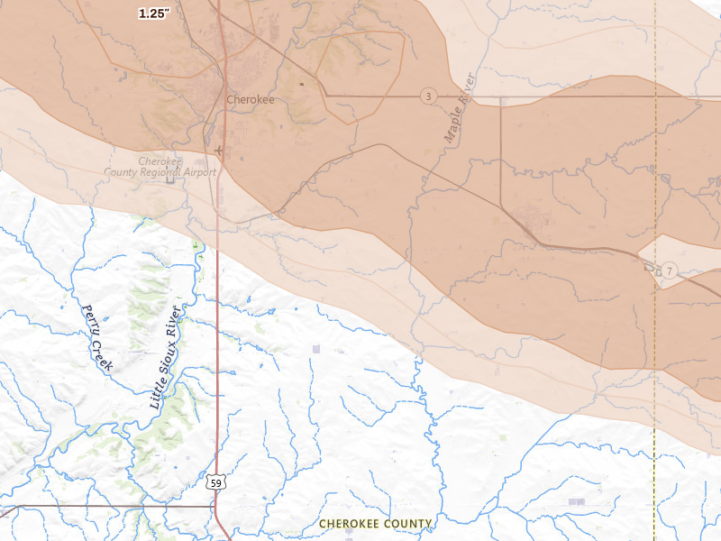 Radar-estimated hail-size map of the storm over Cherokee, IA on May 15, 2026