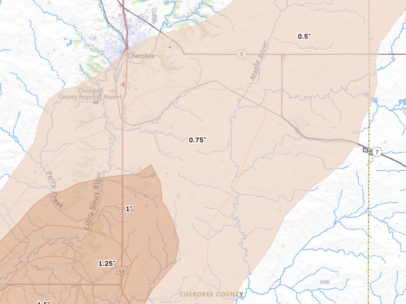 Radar-estimated hail-size map of the storm over Cherokee, IA on May 18, 2026