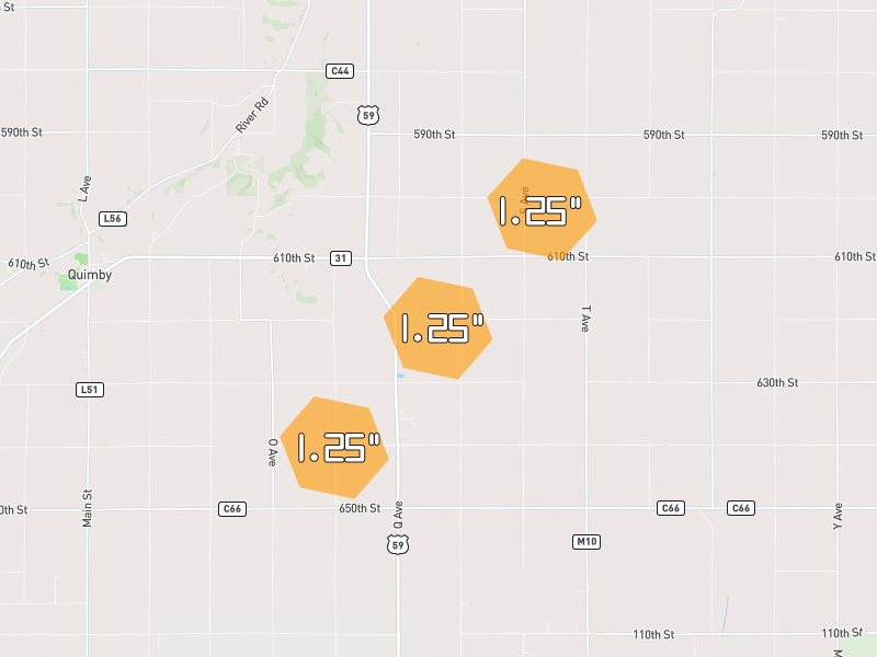 Hail map of Cherokee, IA on Jul 2, 2026, hail up to 1.25"