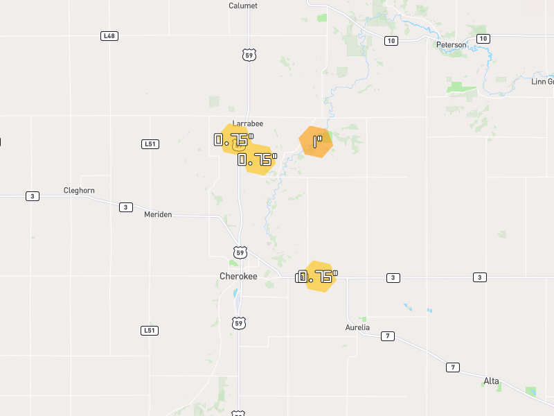 Hail map of Cherokee, IA on Jul 3, 2026, hail up to 1"