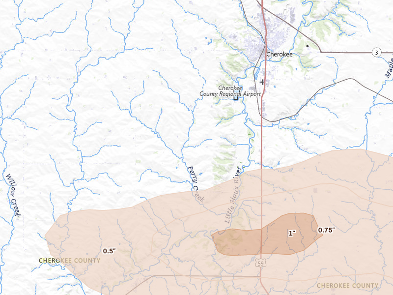 Radar-estimated hail-size map of the storm over Cherokee, IA on Aug 10, 2026