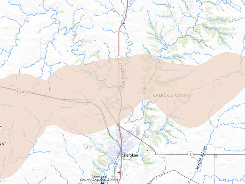 Radar-estimated hail-size map of the storm over Cherokee, IA on Sep 1, 2026