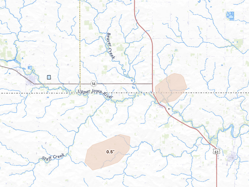 Radar-estimated hail-size map of the storm over Chester, IA on Apr 17, 2026