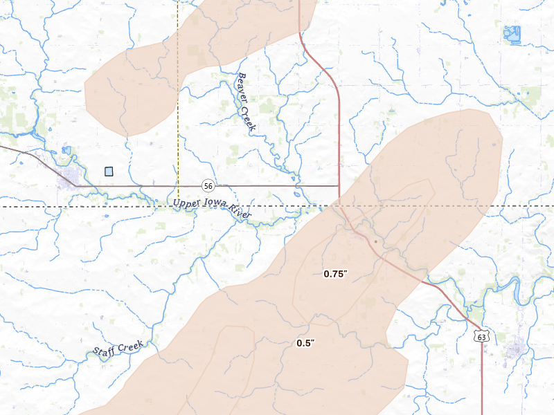 Radar-estimated hail-size map of the storm over Chester, IA on Jul 1, 2026