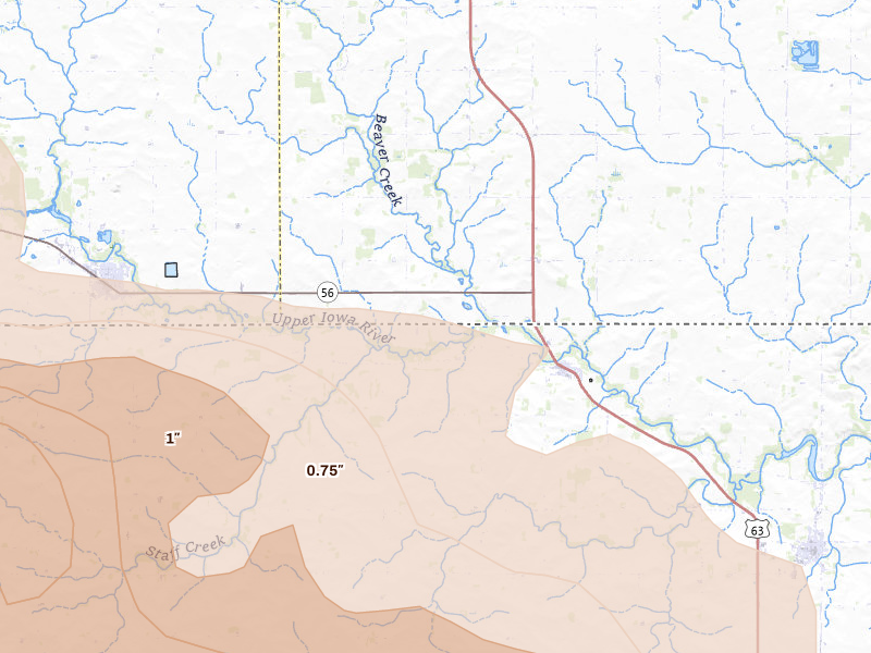 Radar-estimated hail-size map of the storm over Chester, IA on Jul 8, 2026