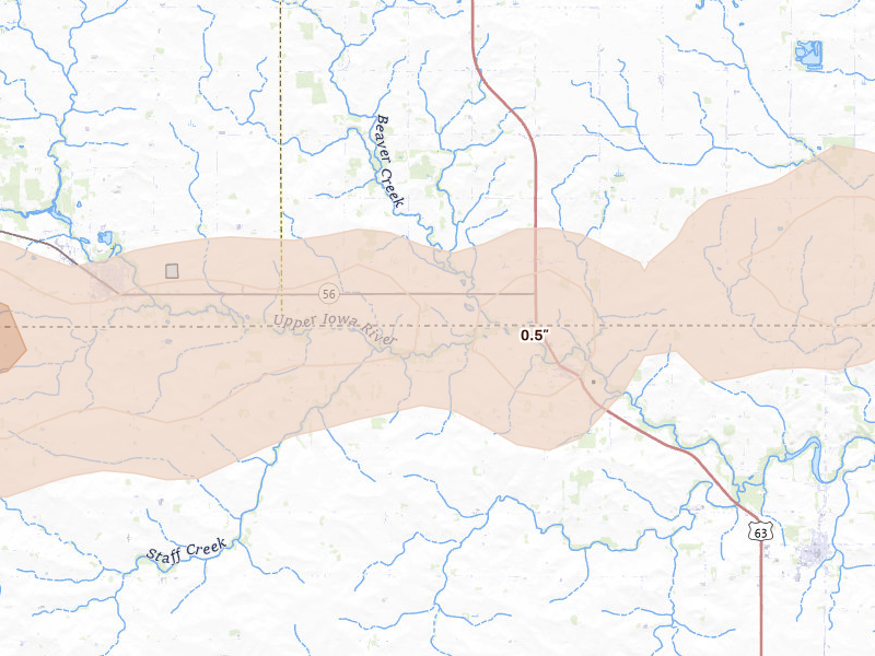Radar-estimated hail-size map of the storm over Chester, IA on Aug 20, 2026