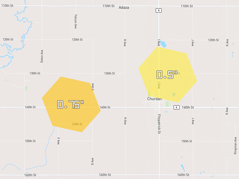 Hail map of Churdan, IA on Jul 4, 2026, hail up to 0.75"