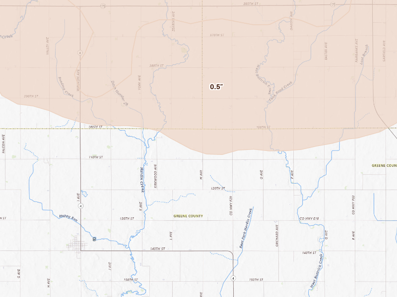 Radar-estimated hail-size map of the storm over Churdan, IA on Oct 8, 2026