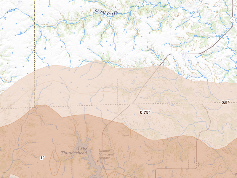 Radar-estimated hail-size map of the storm over Cincinnati, IA on Jun 11, 2026