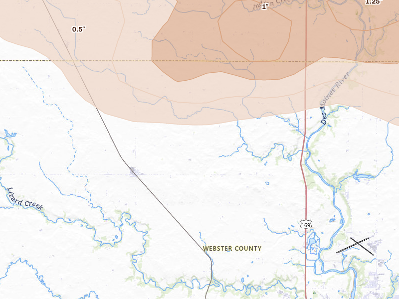 Radar-estimated hail-size map of the storm over Clare, IA on May 15, 2026