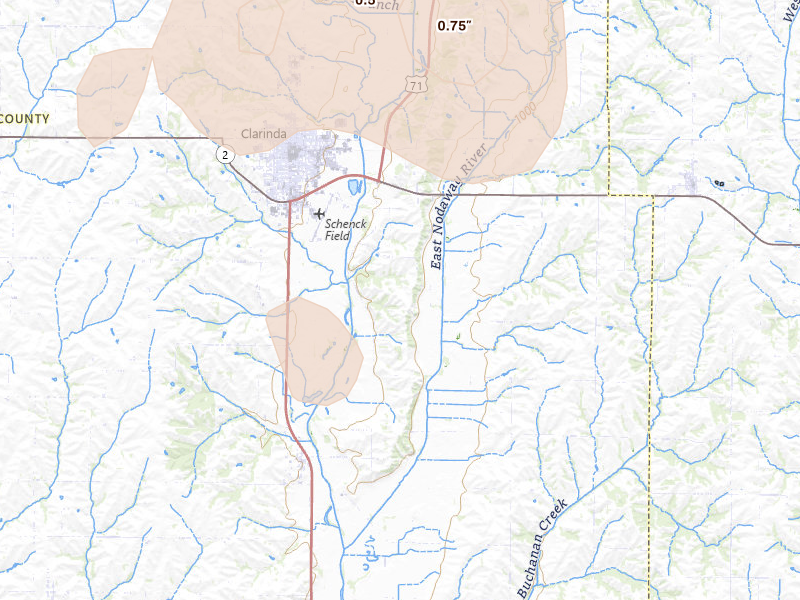 Radar-estimated hail-size map of the storm over Clarinda, IA on Apr 23, 2026