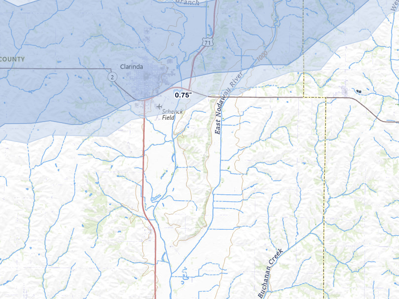 NEXRAD radar-signature map of the hail over Clarinda, IA