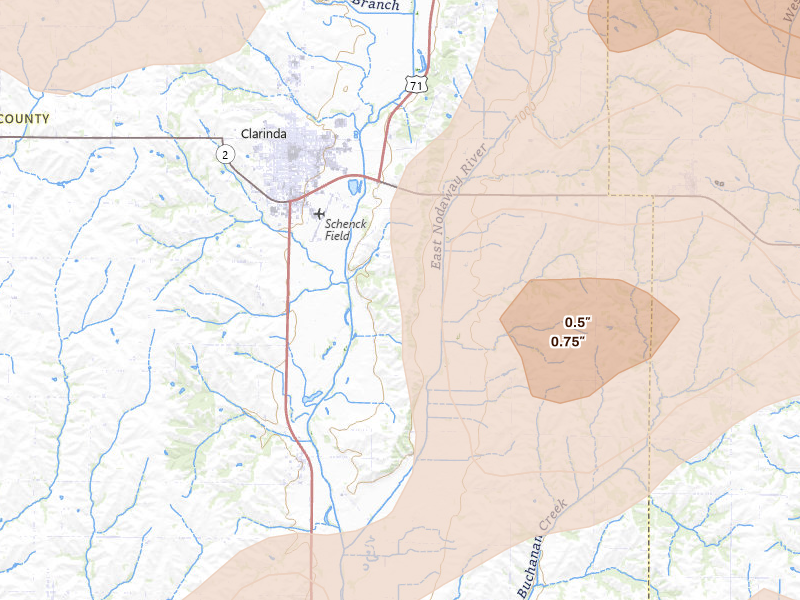 Radar-estimated hail-size map of the storm over Clarinda, IA on May 16, 2026