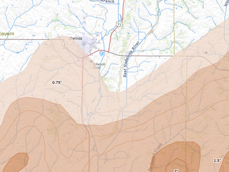 Radar-estimated hail-size map of the storm over Clarinda, IA on May 18, 2026