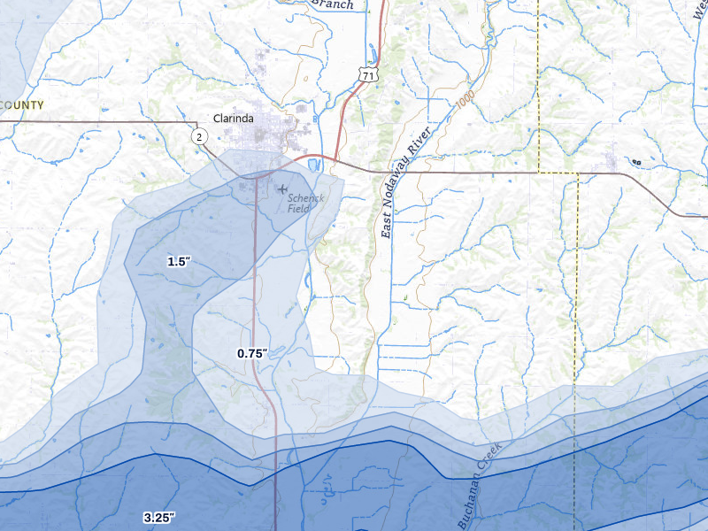 NEXRAD radar-signature map of the hail storm over Clarinda, IA on May 18, 2026