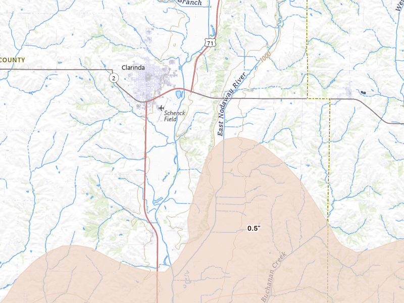 Radar-estimated hail-size map of the storm over Clarinda, IA on Jun 5, 2026