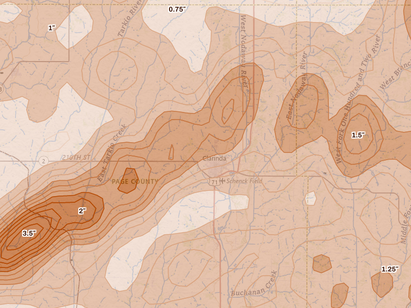 Radar-estimated hail-size map of the storm over Clarinda, IA on Jun 10, 2026