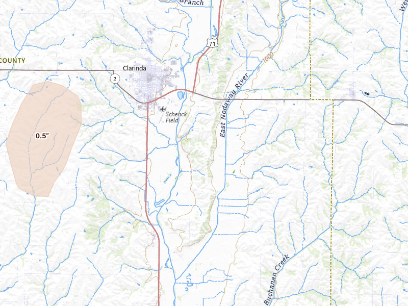 Radar-estimated hail-size map of the storm over Clarinda, IA on Jun 30, 2026