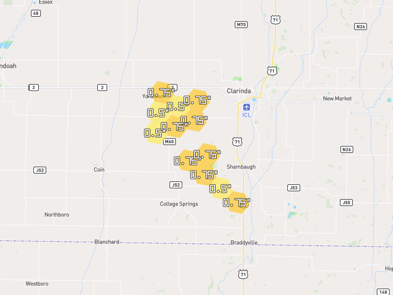 Hail map of Clarinda, IA on Jul 1, 2026, hail up to 0.75"
