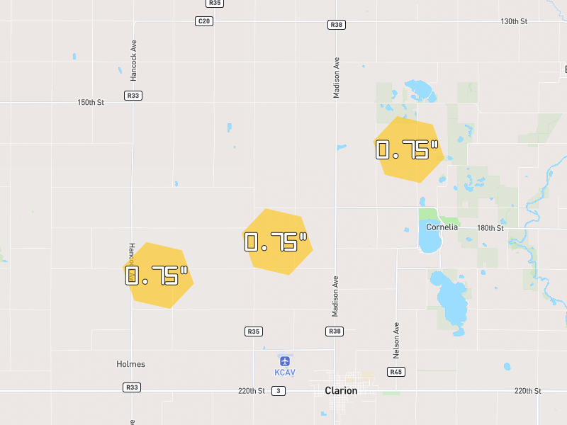 Hail map of Clarion, IA on Jun 28, 2026, hail up to 0.75"