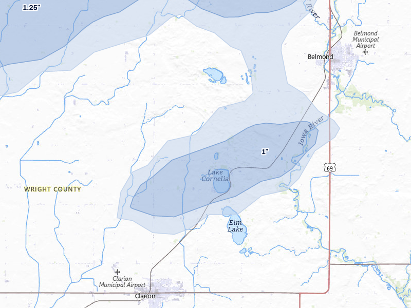 NEXRAD radar-signature map of the hail storm over Clarion, IA on Jul 1, 2026