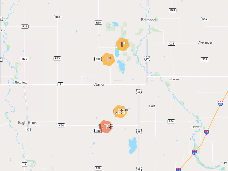 Hail map of Clarion, IA on Jul 2, 2026, hail up to 1.75"