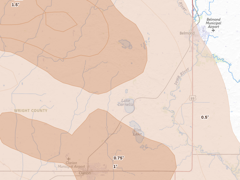 Radar-estimated hail-size map of the storm over Clarion, IA on Jul 20, 2026
