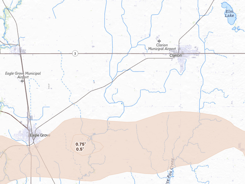 Radar-estimated hail-size map of the storm over Clarion, IA on Aug 10, 2026
