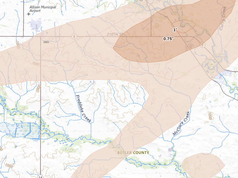 Radar-estimated hail-size map of the storm over Clarksville, IA