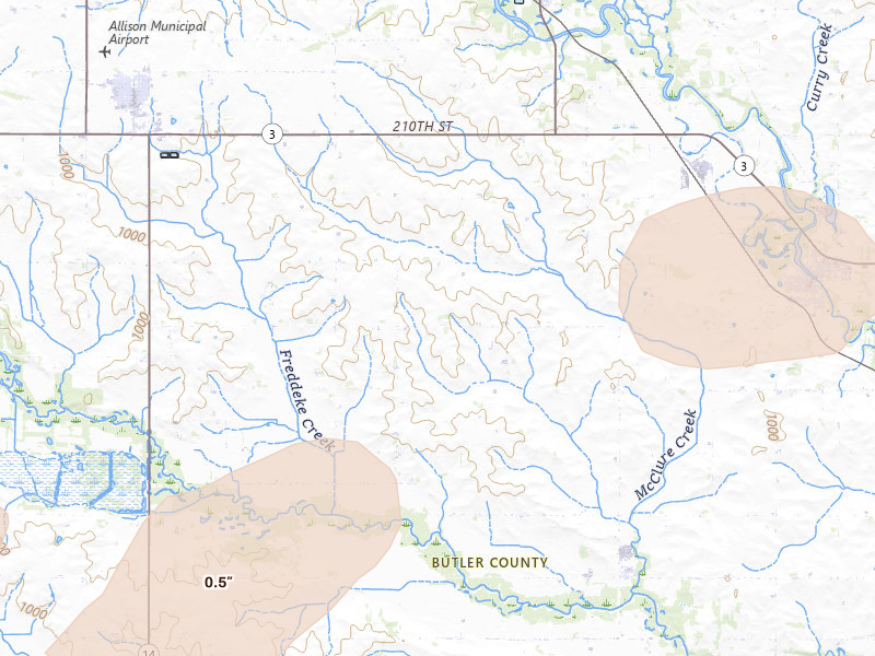 Radar-estimated hail-size map of the storm over Clarksville, IA on May 15, 2026