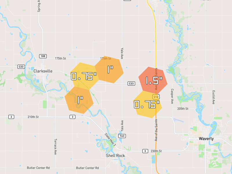 Hail map of Clarksville, IA on Jul 2, 2026, hail up to 1.5"