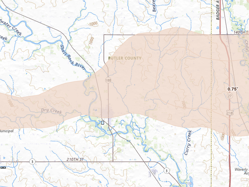 Radar-estimated hail-size map of the storm over Clarksville, IA on Aug 10, 2026