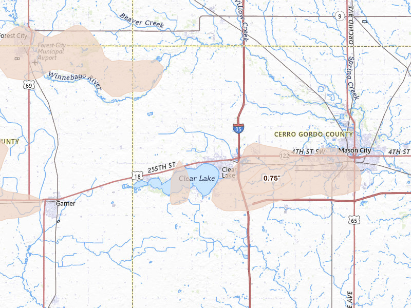 Radar-estimated hail-size map of the storm over Clear Lake, IA